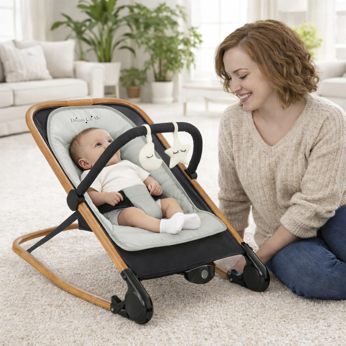 Dream On Me Rock with Me 2-in-1 Baby Rocker Seat Natural Wood Gray - Image 5