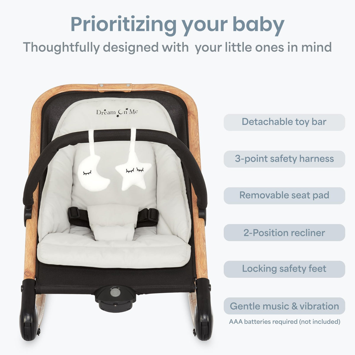 Dream On Me Rock with Me 2-in-1 Baby Rocker Seat Natural Wood Gray - Image 2